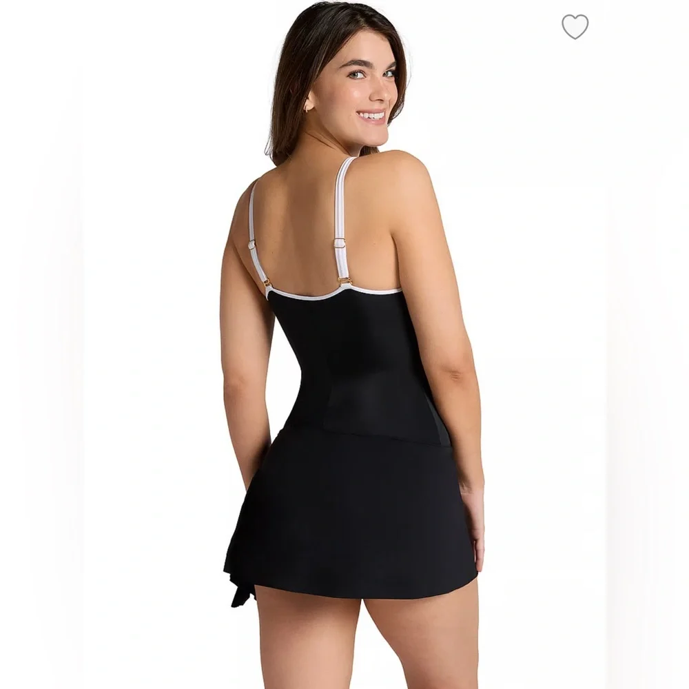🆕 LEONISA SHAPEWEAR Ladder Front Shaper Swim Dress One Piece Swimsuit Black XL - Picture 2 of 11